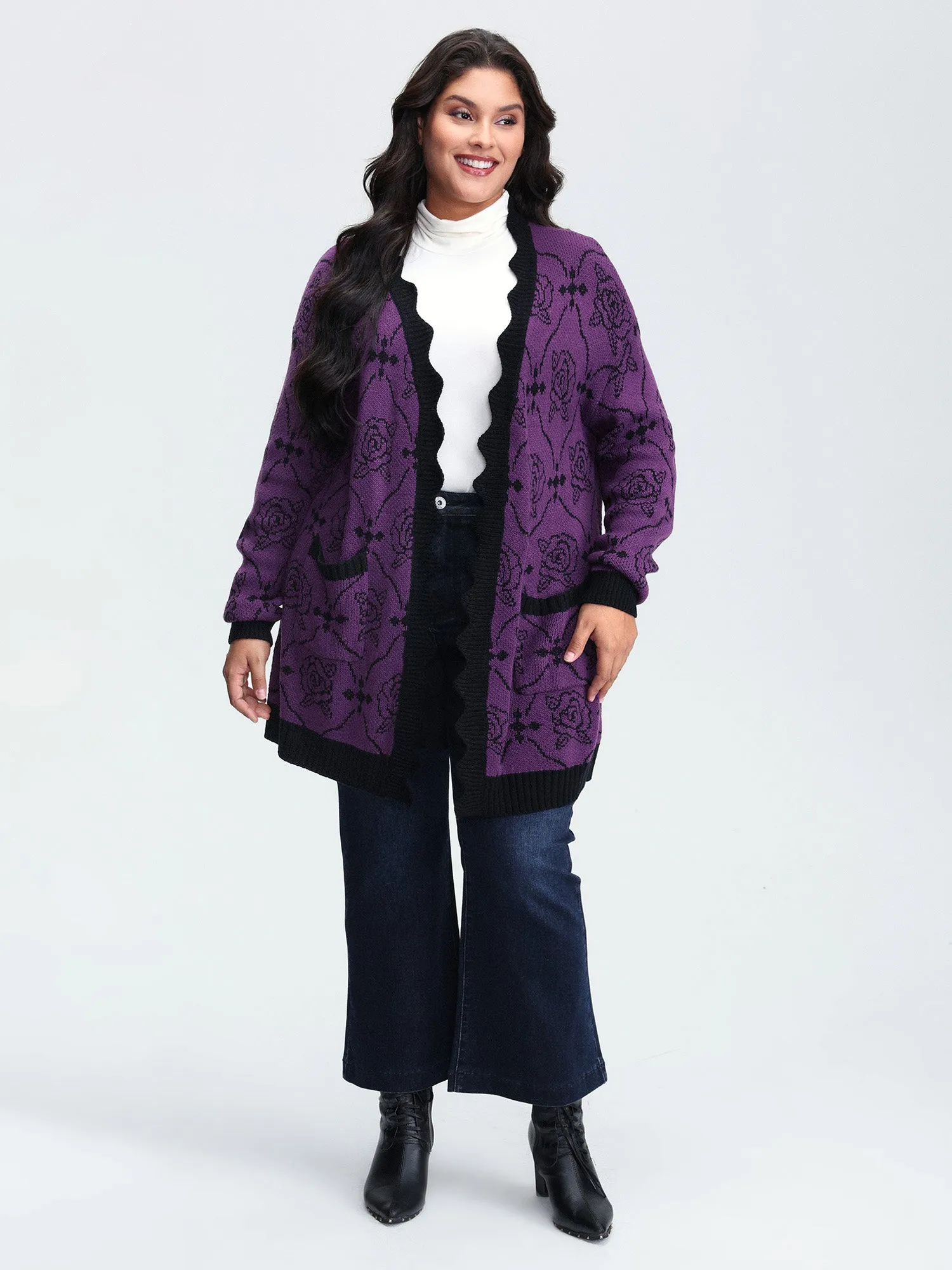 Floral Pattern Scalloped Collar Knit Cardigan sold by Bloomchic product image thumbnail 2