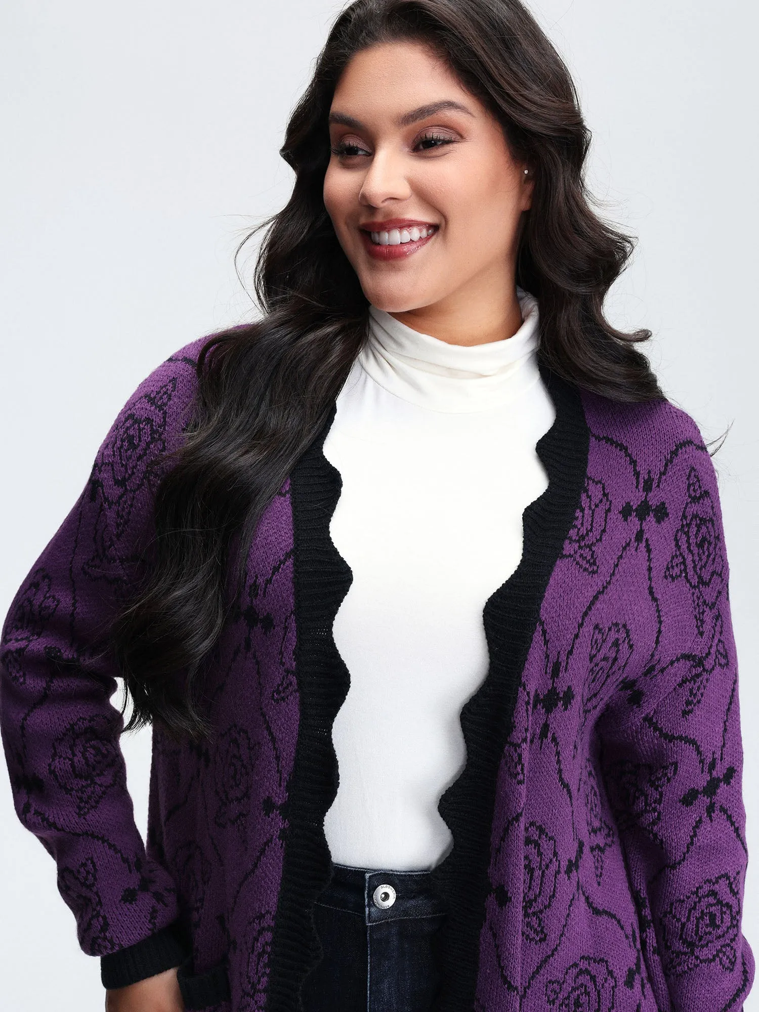 Floral Pattern Scalloped Collar Knit Cardigan sold by Bloomchic product image thumbnail 3