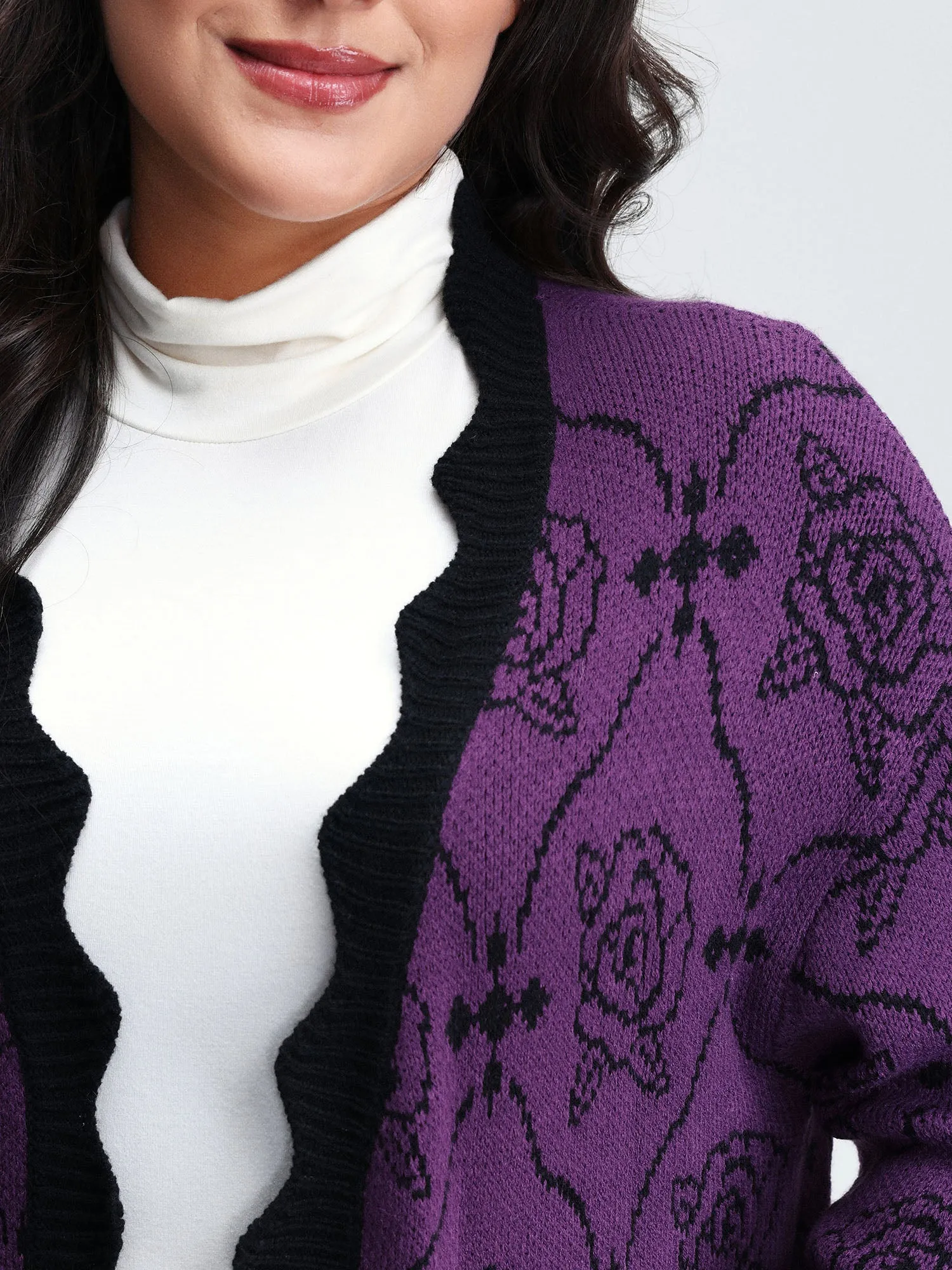 Floral Pattern Scalloped Collar Knit Cardigan sold by Bloomchic product image thumbnail 4