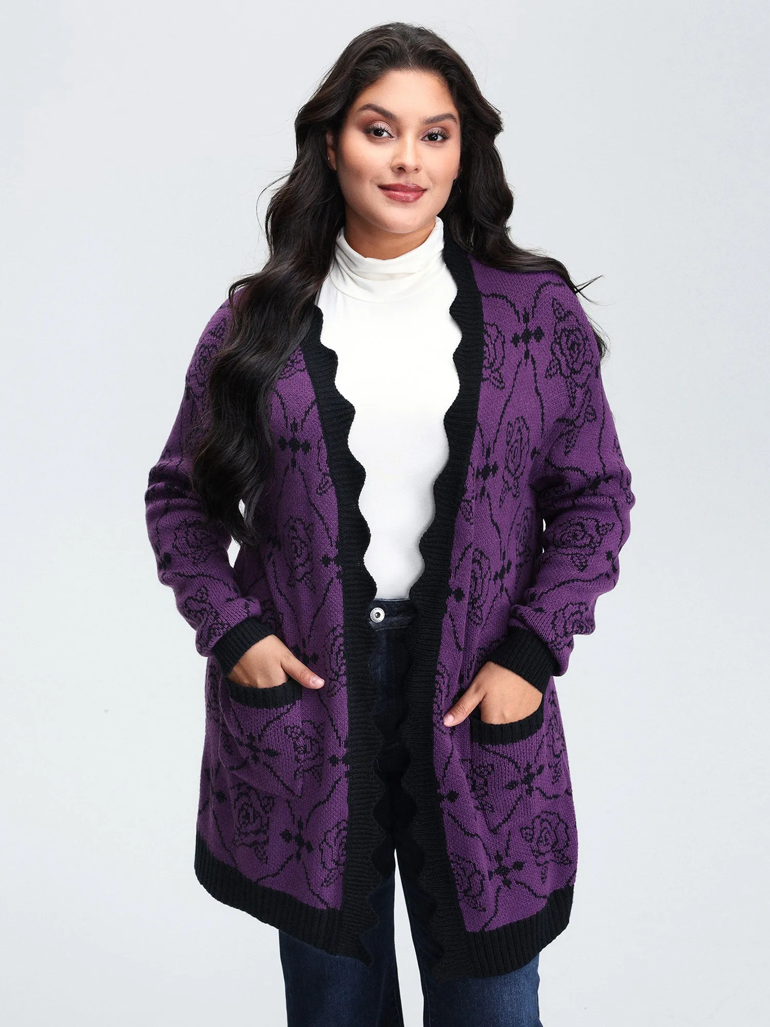 Floral Pattern Scalloped Collar Knit Cardigan sold by Bloomchic