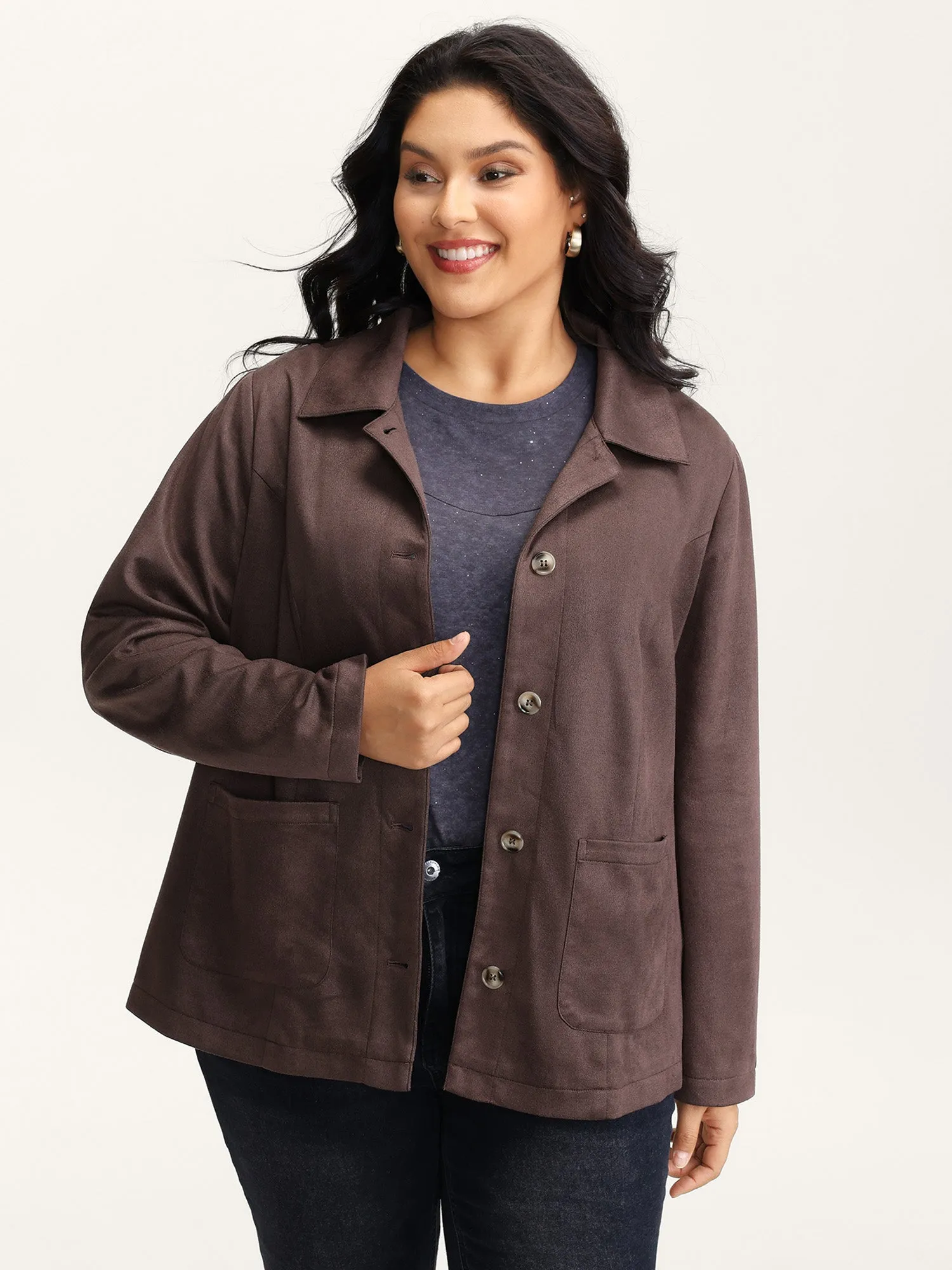 Suede Lined Button-Down Jacket sold by Bloomchic