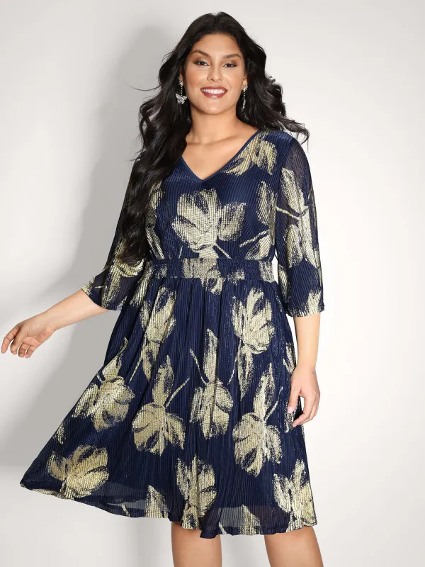 Hot Stamped Fall Leaf Shirred Midi Dress sold by Bloomchic