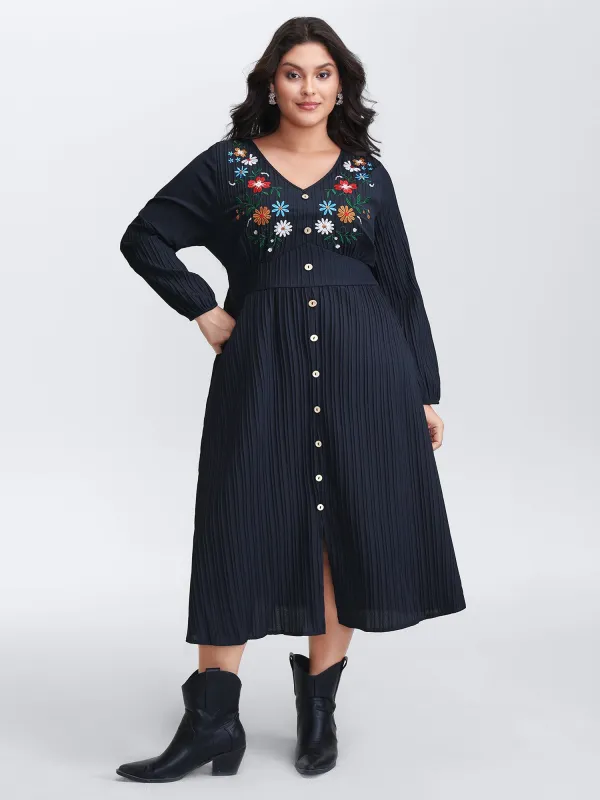 Floral Embroidered Cinched-Waist Midi Dress made by Bloomchic