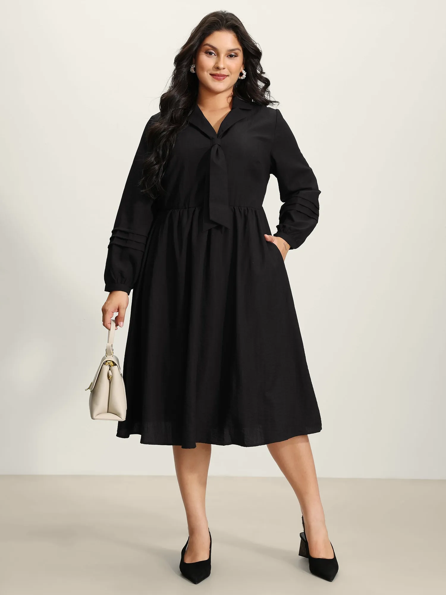 Blazer Collar Pleated Sleeve Rayon Midi Dress sold by Bloomchic product image thumbnail 3