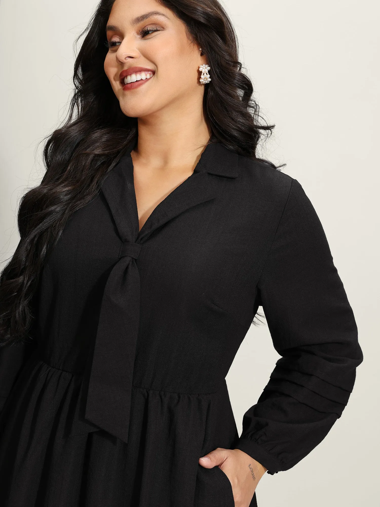 Blazer Collar Pleated Sleeve Rayon Midi Dress sold by Bloomchic product image thumbnail 2