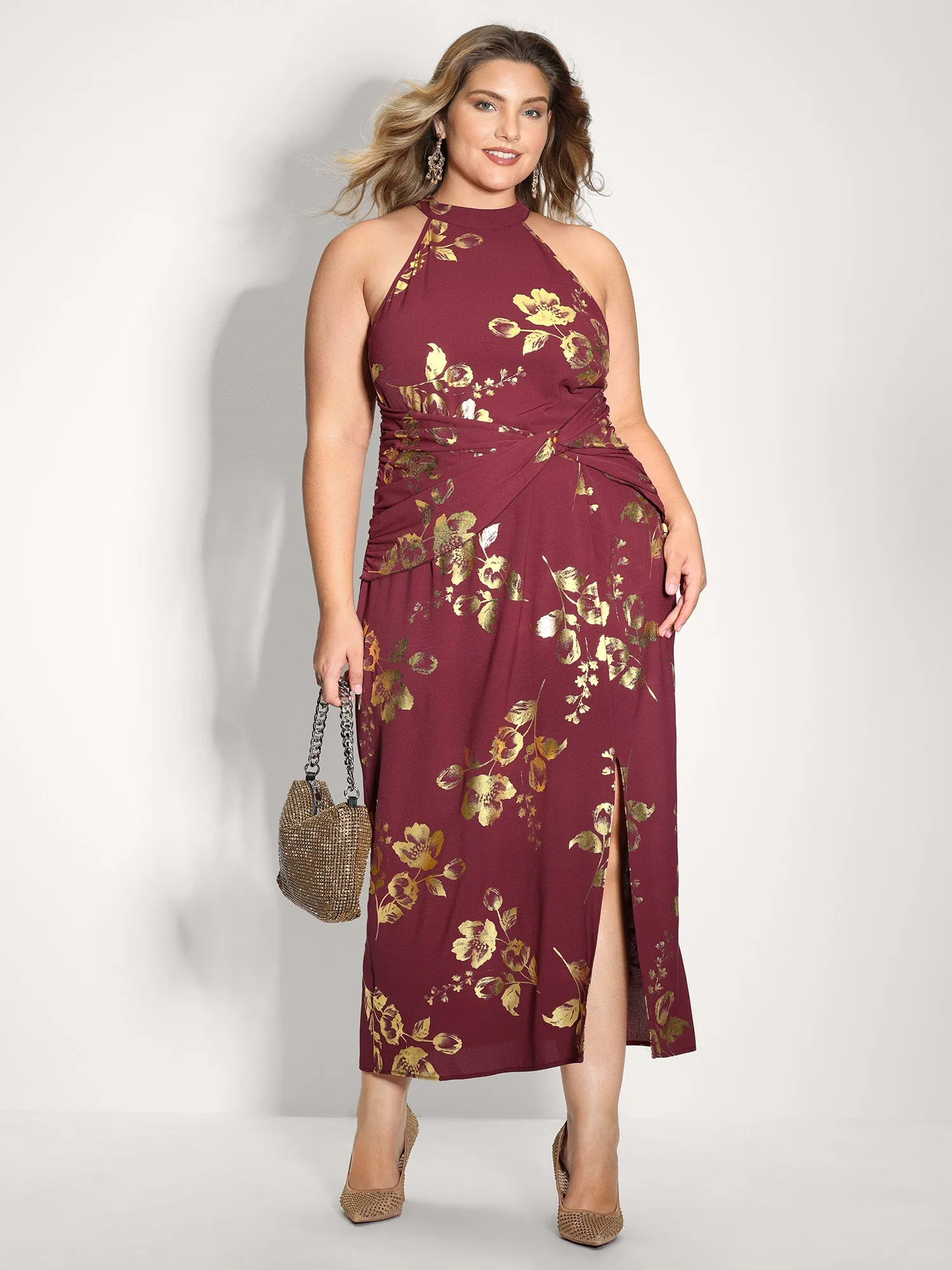 Gold Stamped Rose Twist Waist Midi Dress sold by Bloomchic