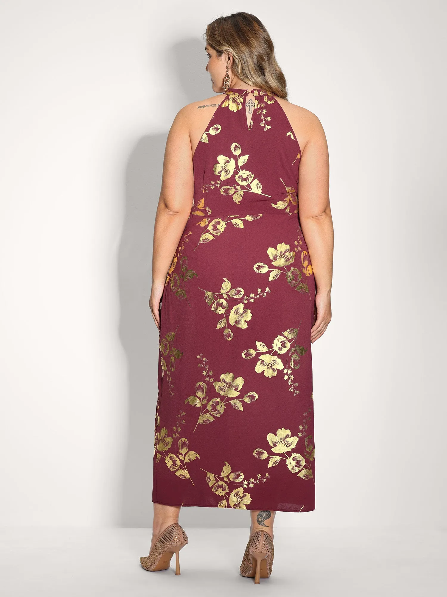 Gold Stamped Rose Twist Waist Midi Dress sold by Bloomchic product image thumbnail 4