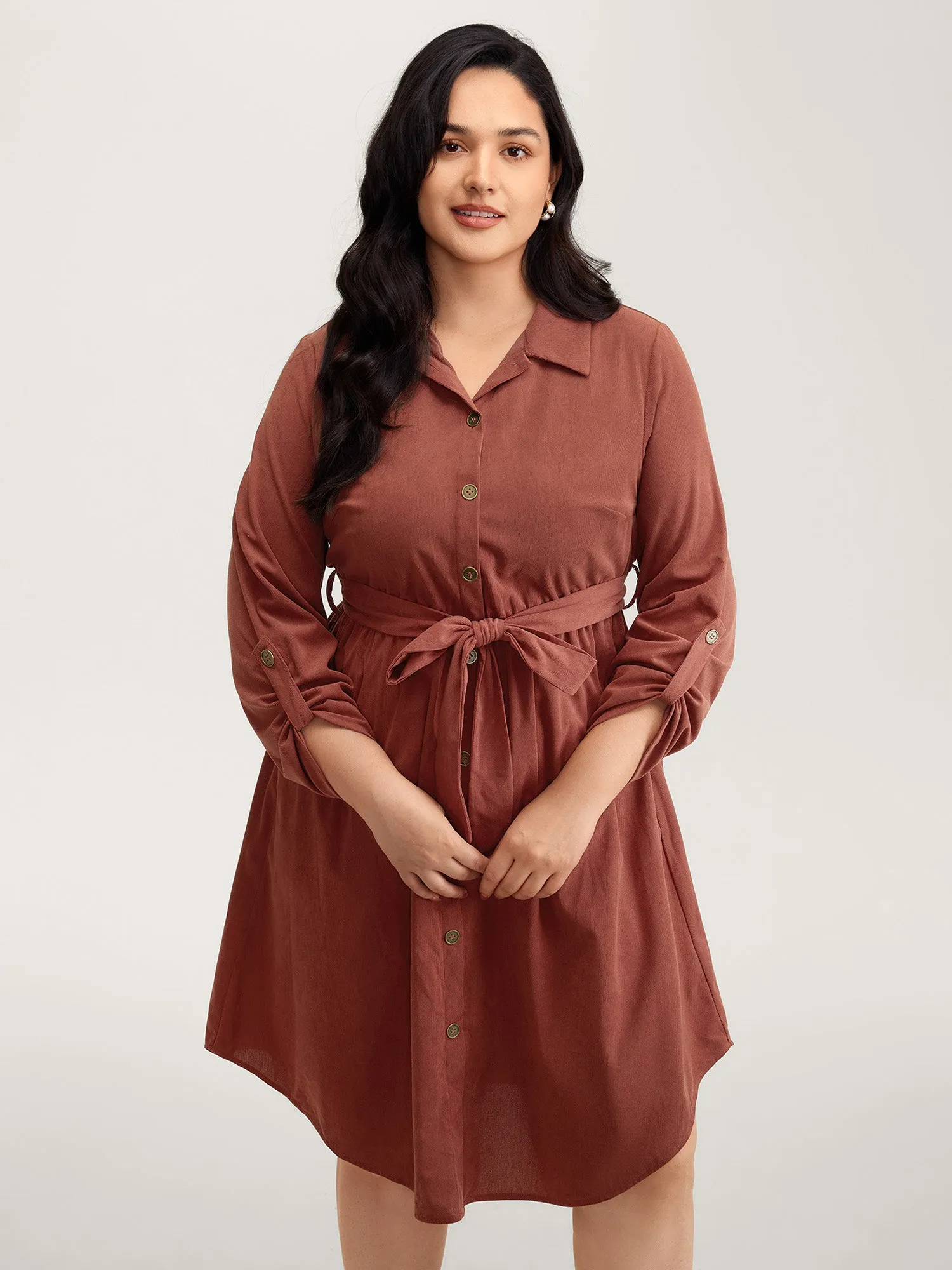 Corduroy Tab Sleeve Belted Midi Dress sold by Bloomchic