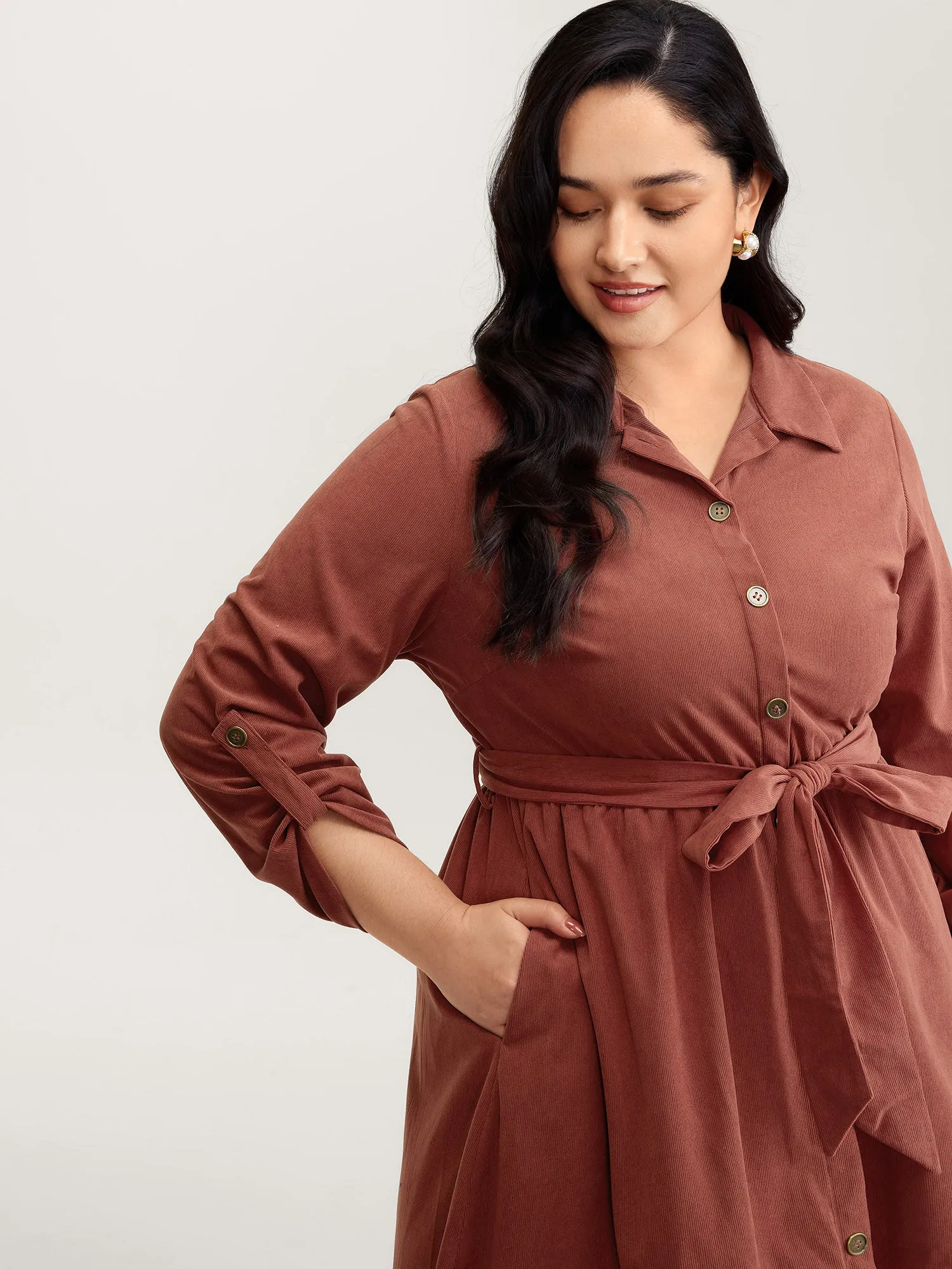 Corduroy Tab Sleeve Belted Midi Dress sold by Bloomchic product image thumbnail 2