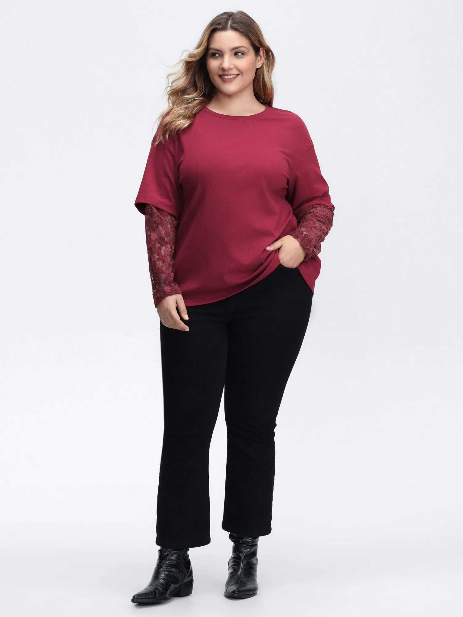 2-In-1 Layered Sheer Lace Sleeve T-Shirt sold by Bloomchic product image thumbnail 3