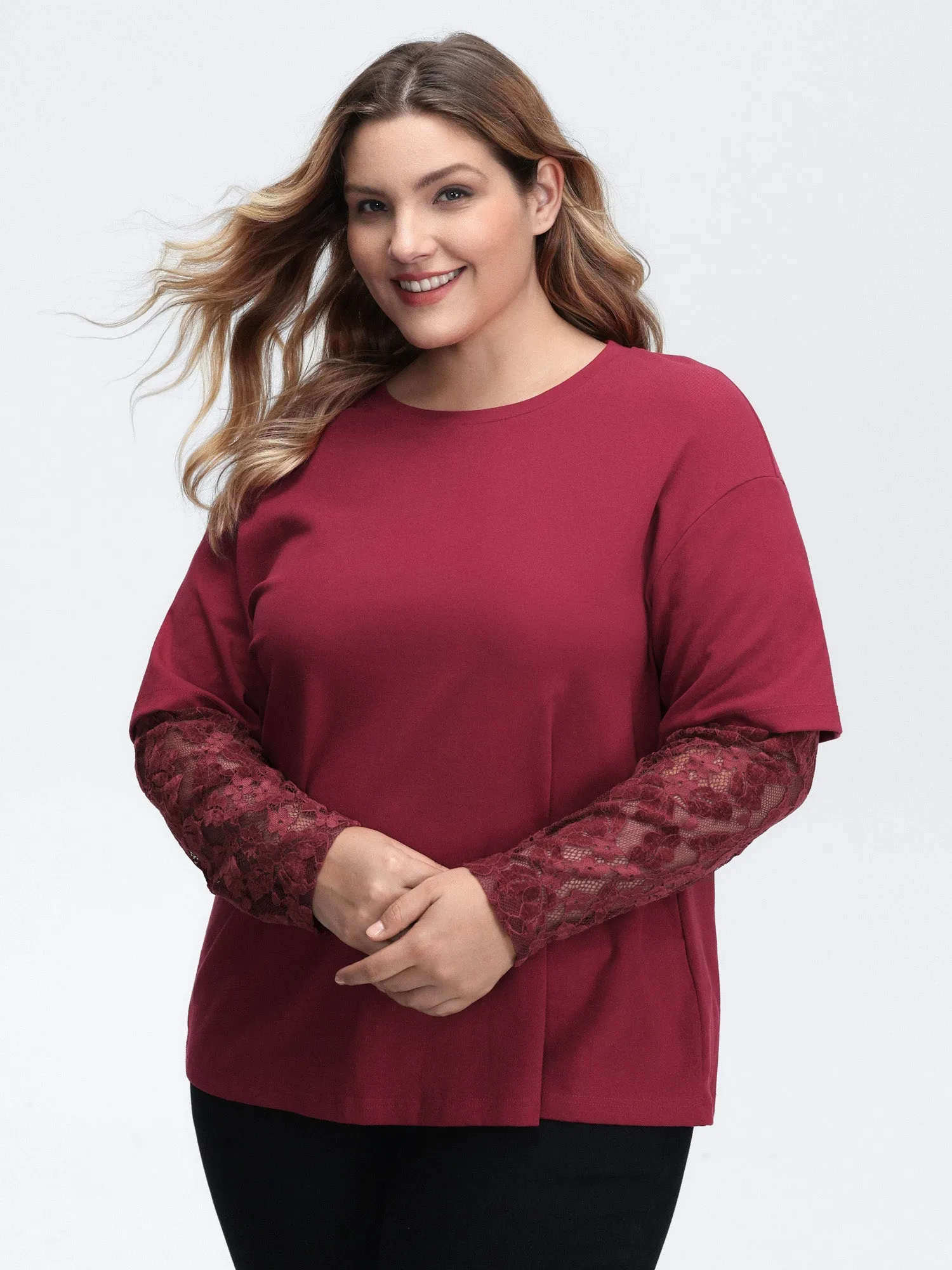 2-In-1 Layered Sheer Lace Sleeve T-Shirt sold by Bloomchic