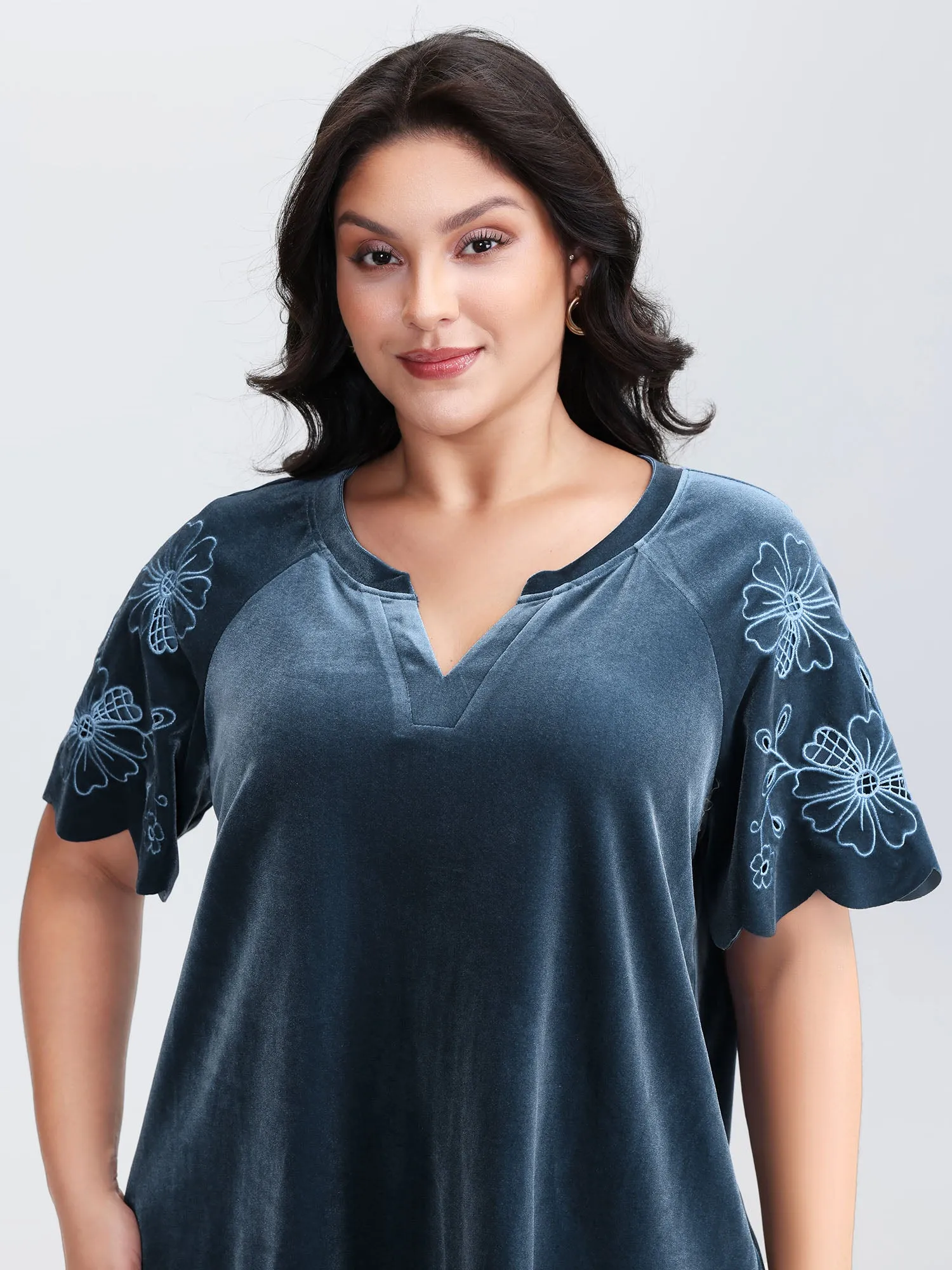 Velvet Embroidered Mesh Sleeve Stretchy Blouse sold by Bloomchic