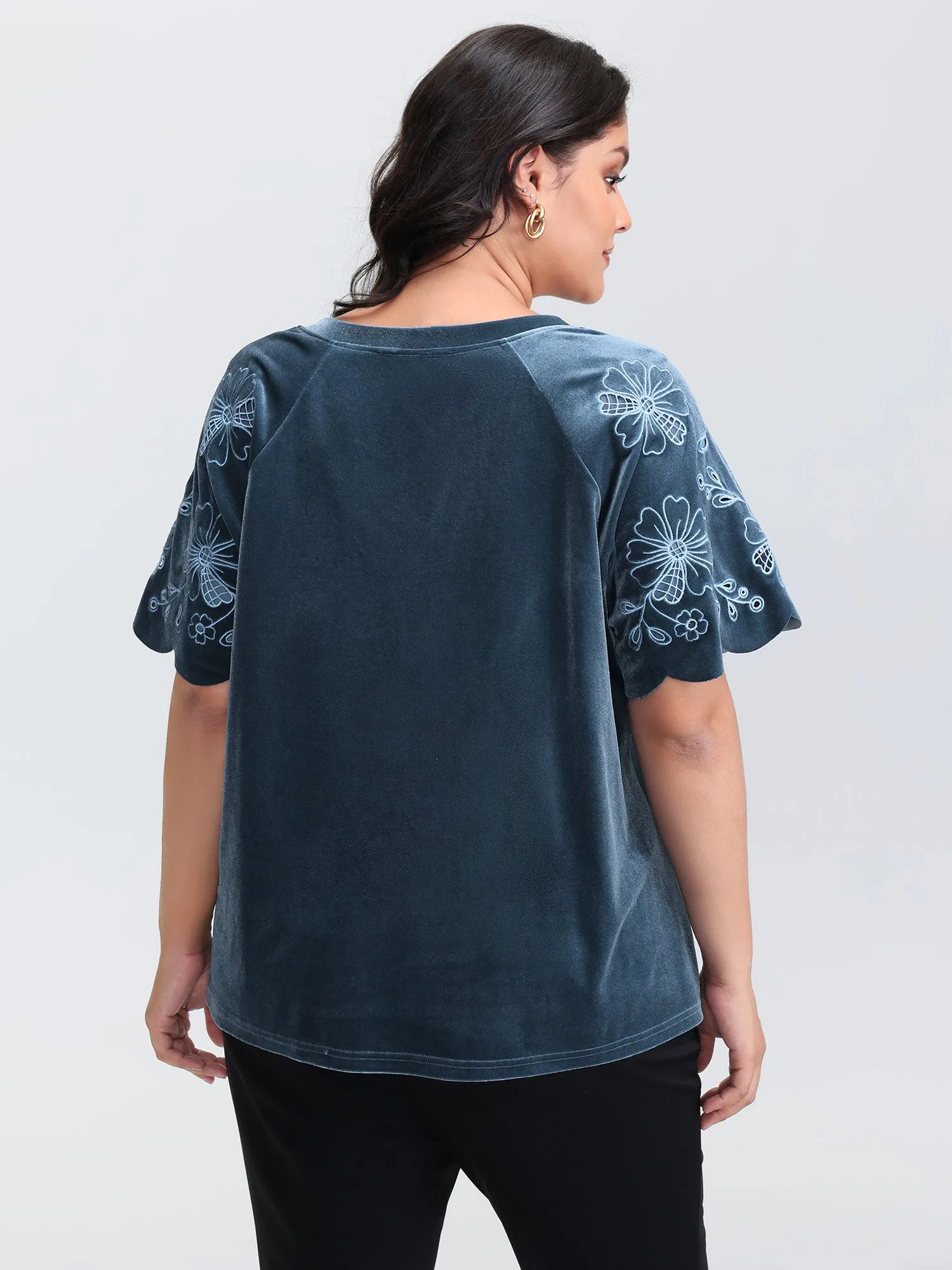 Velvet Embroidered Mesh Sleeve Stretchy Blouse sold by Bloomchic product image thumbnail 5