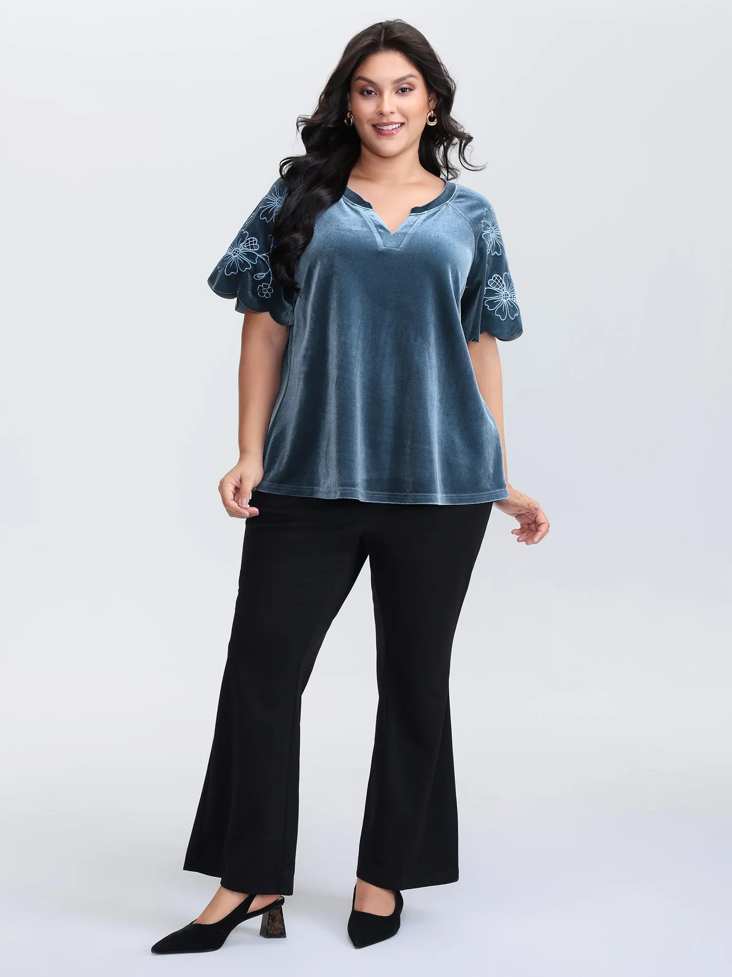 Velvet Embroidered Mesh Sleeve Stretchy Blouse sold by Bloomchic product image thumbnail 3