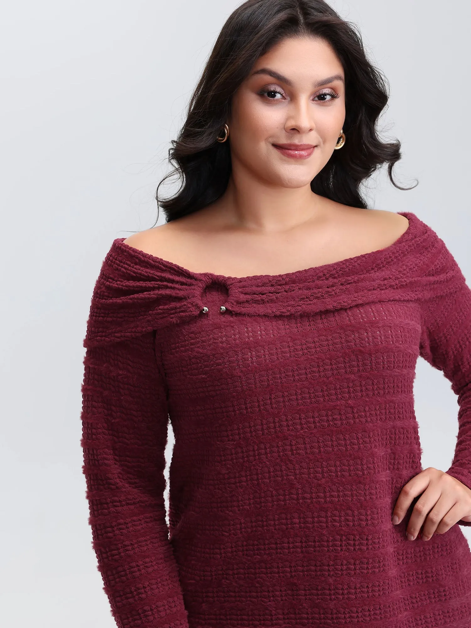 Furry Textured Off-Shoulder Knit Top sold by Bloomchic product image thumbnail 2