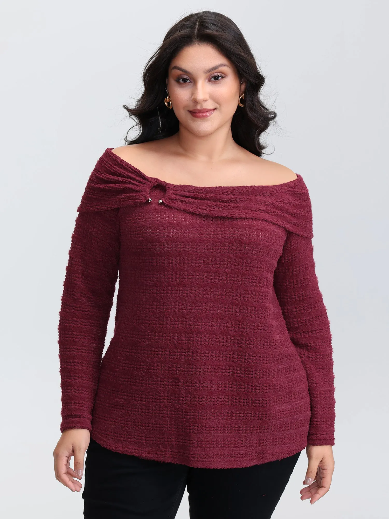 Furry Textured Off-Shoulder Knit Top sold by Bloomchic