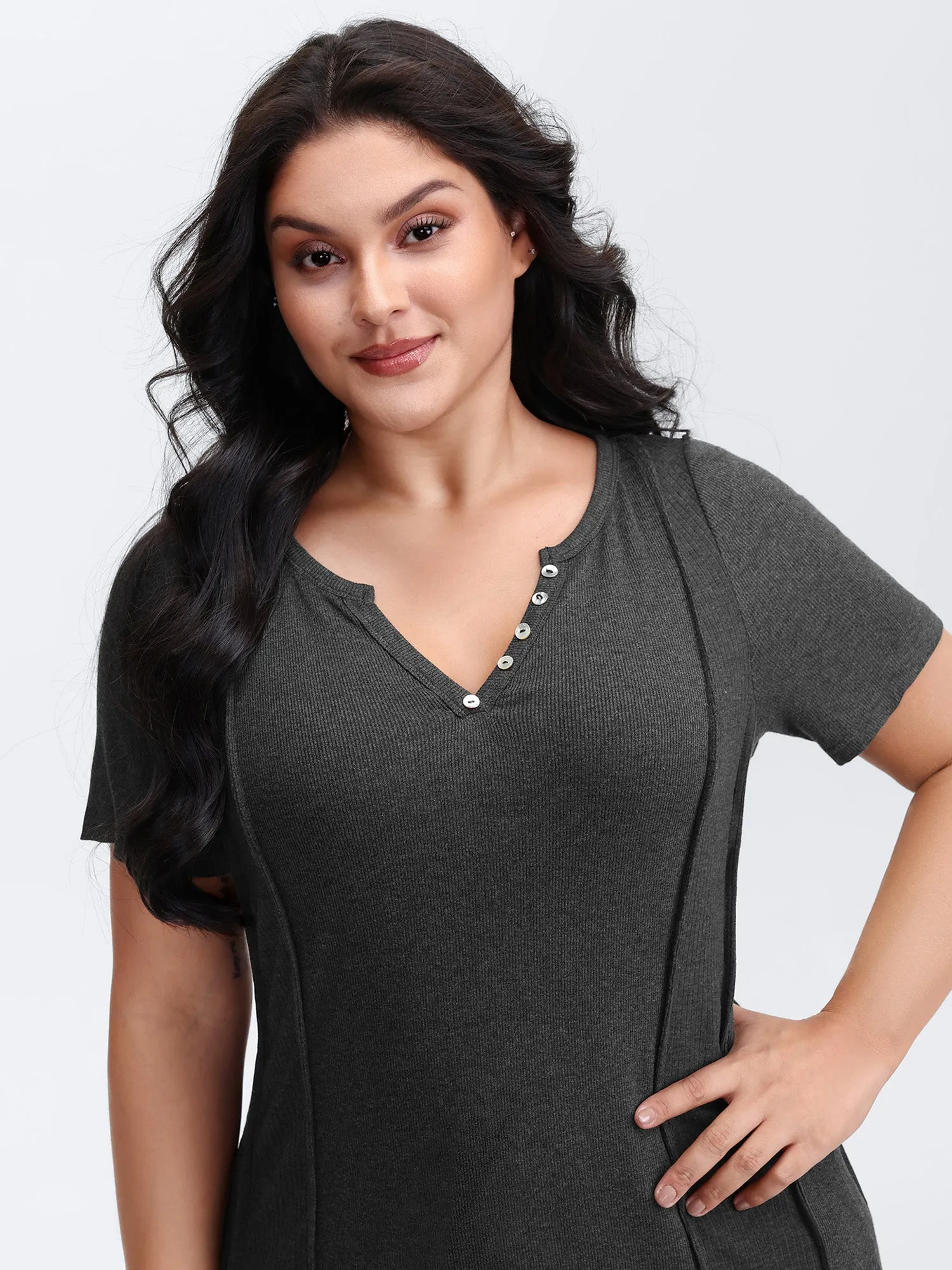 Supersoft Ribbed Split Neckline Fitted T-Shirt sold by Bloomchic