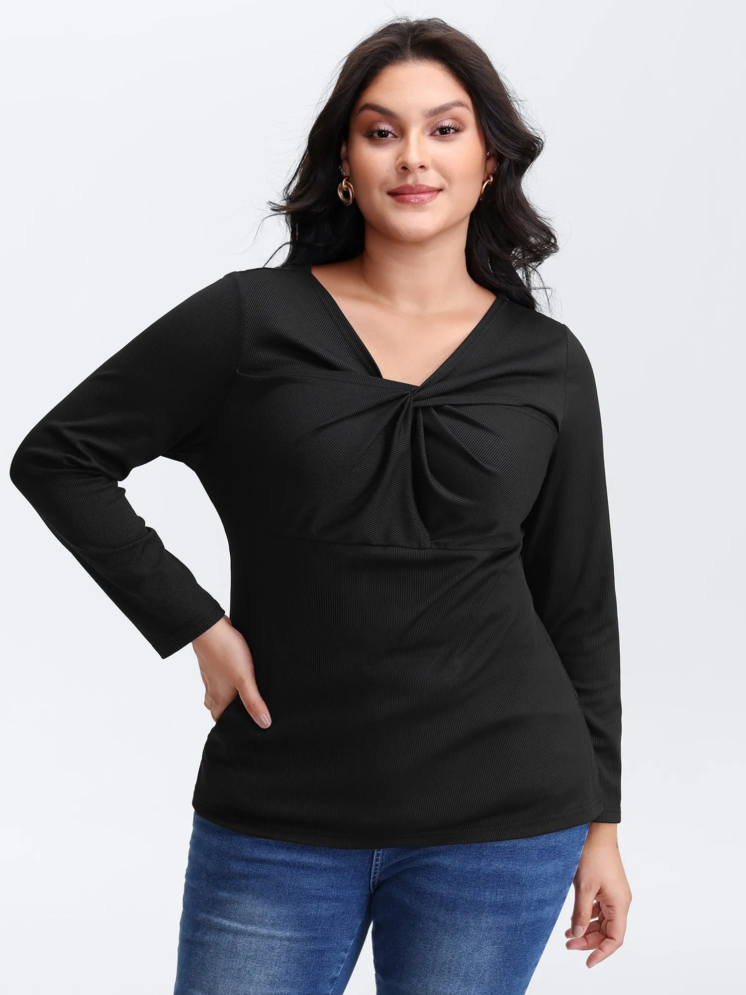 Stretchy Knotted Neckline Cozy Knit Top sold by Bloomchic