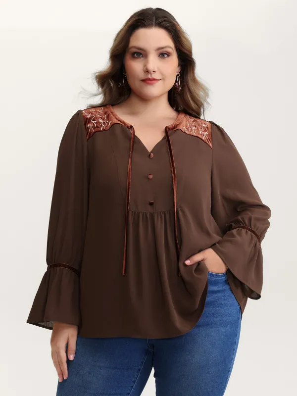 Embroidered Pleated Ruffled Sleeve Blouse sold by Bloomchic