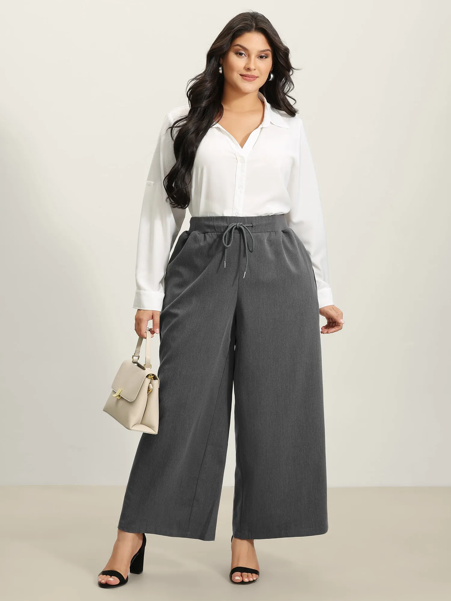 Heather Drawstring Waist Wide-Leg Pants sold by Bloomchic