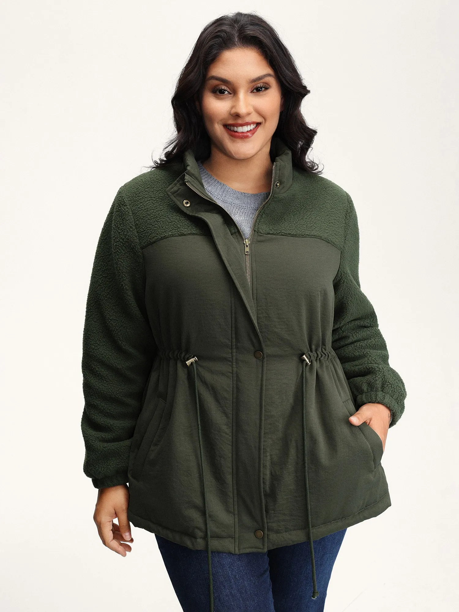 Mixed Fabric Waist Drawstring Quilted Jacket sold by Bloomchic product image thumbnail 2