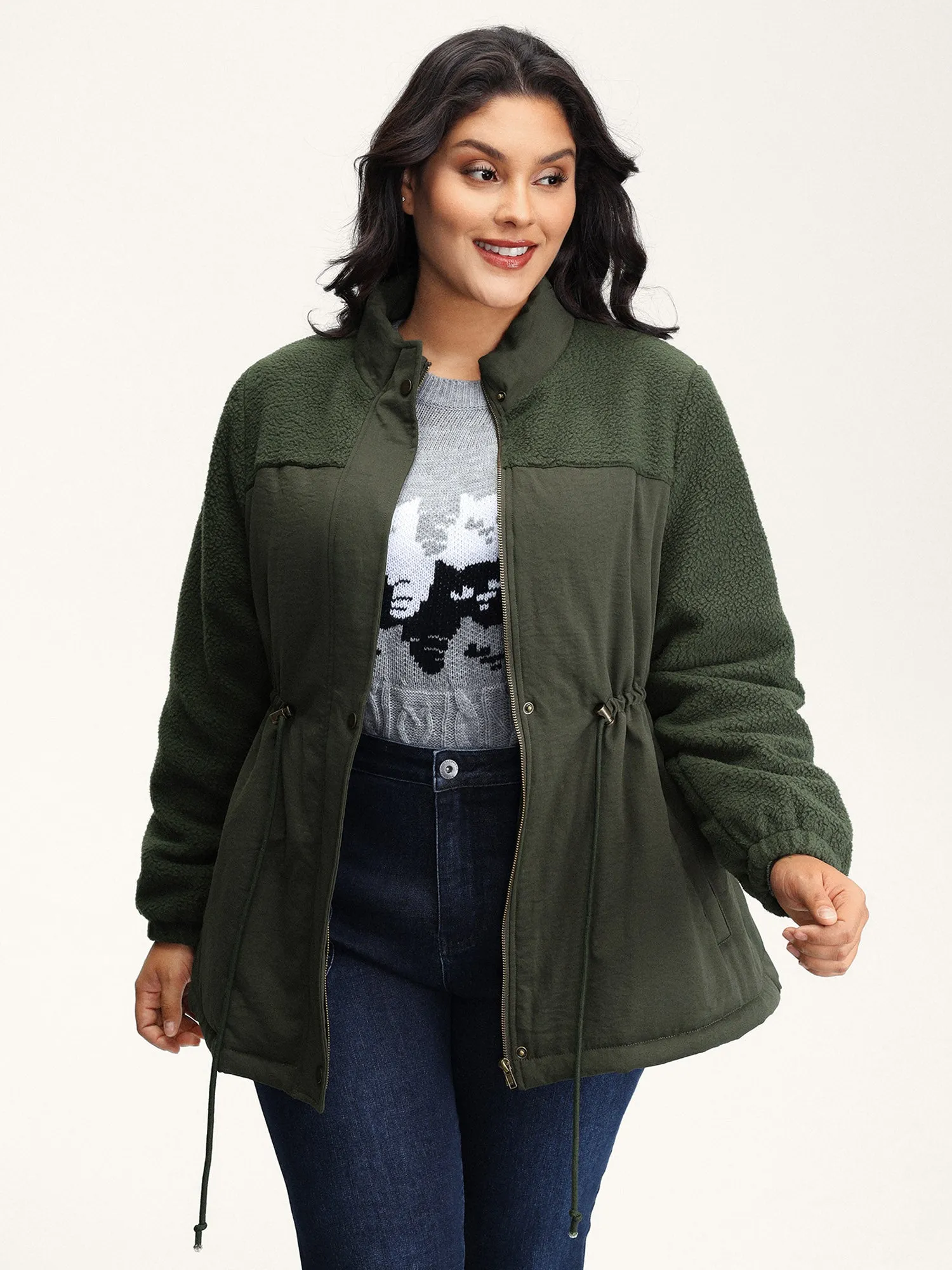 Mixed Fabric Waist Drawstring Quilted Jacket sold by Bloomchic