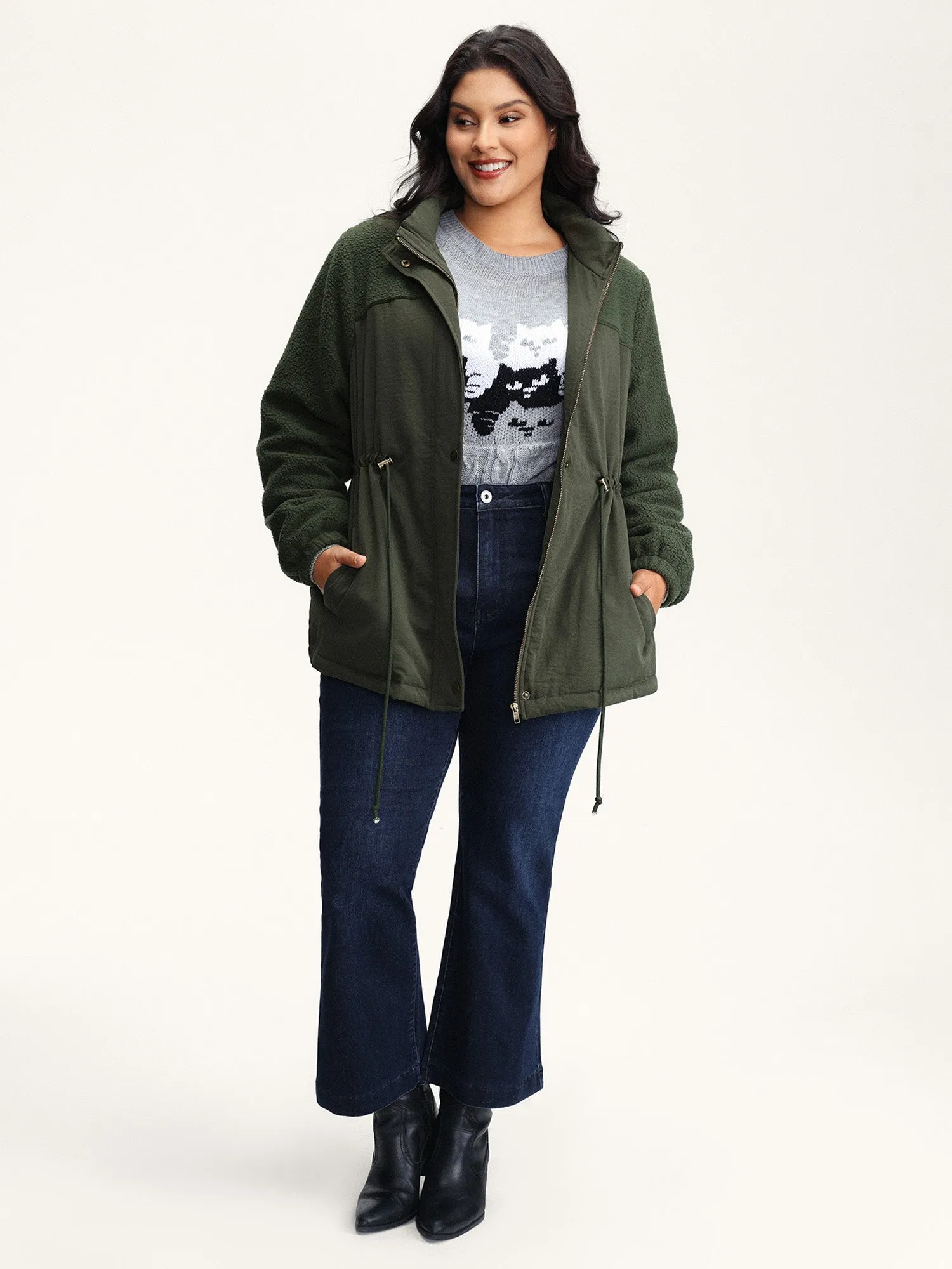 Mixed Fabric Waist Drawstring Quilted Jacket sold by Bloomchic product image thumbnail 3