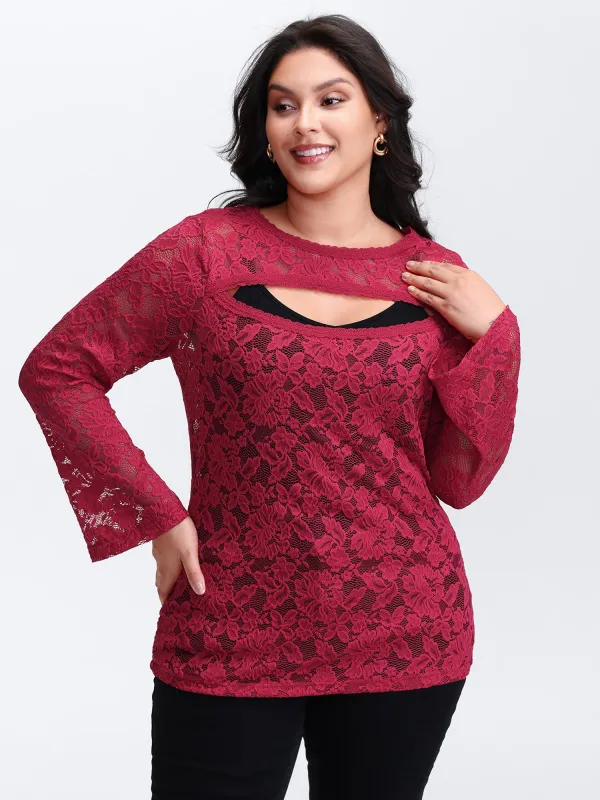 Cut-Out Neckline Sheer Floral Lace Top sold by Bloomchic
