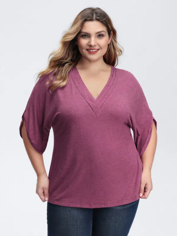 V-Neck Plicated Detail Bat Sleeve T-Shirt sold by Bloomchic