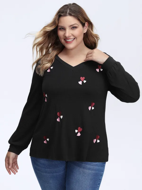 Stretchy Heart Embroidered V-Neck Knit T-Shirt sold by Bloomchic