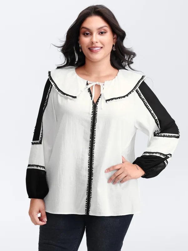 Ruffled Collar Contrast Webbing Top sold by Bloomchic