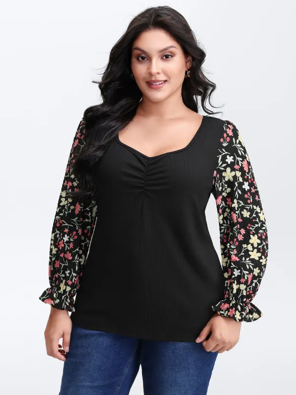 Textured Spliced Floral Sleeves Top sold by Bloomchic