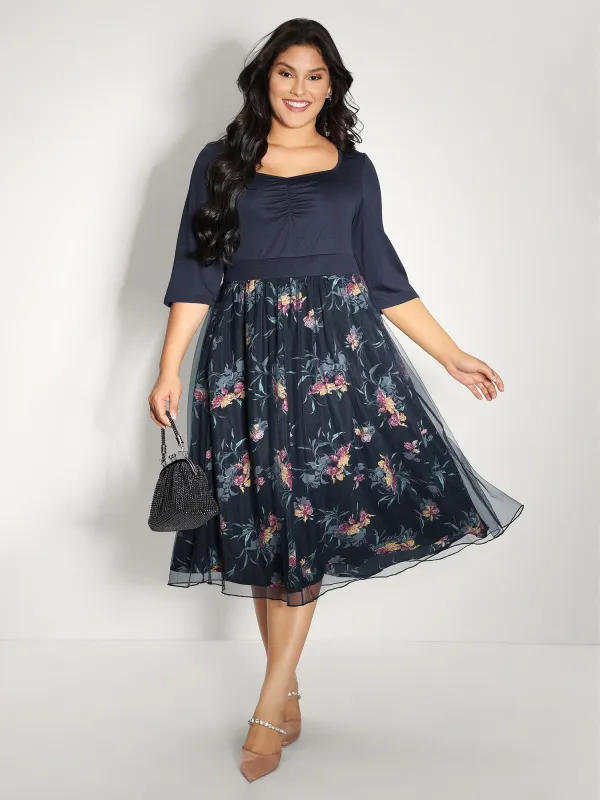 Floral Print Mesh Shirred Waist Midi Dress sold by Bloomchic