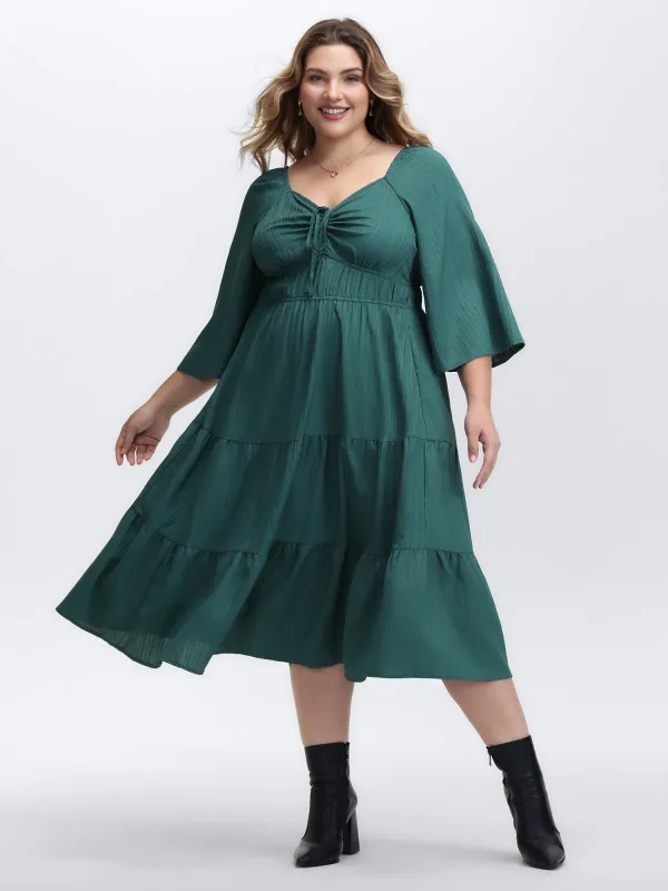 Textured Chest Drawstring Three Quarter Sleeve Midi Dress sold by Bloomchic
