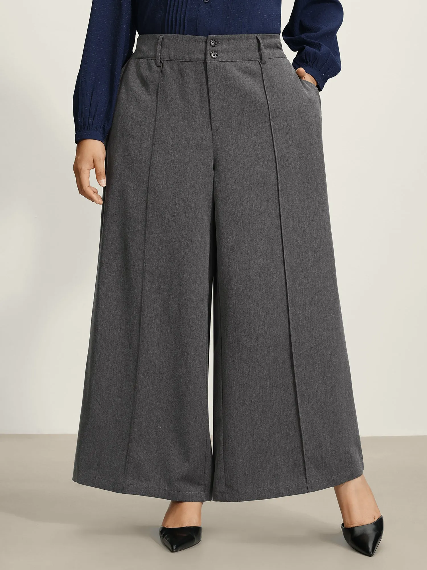 Double-Button Pleated Detail Wide-Leg Pants sold by Bloomchic