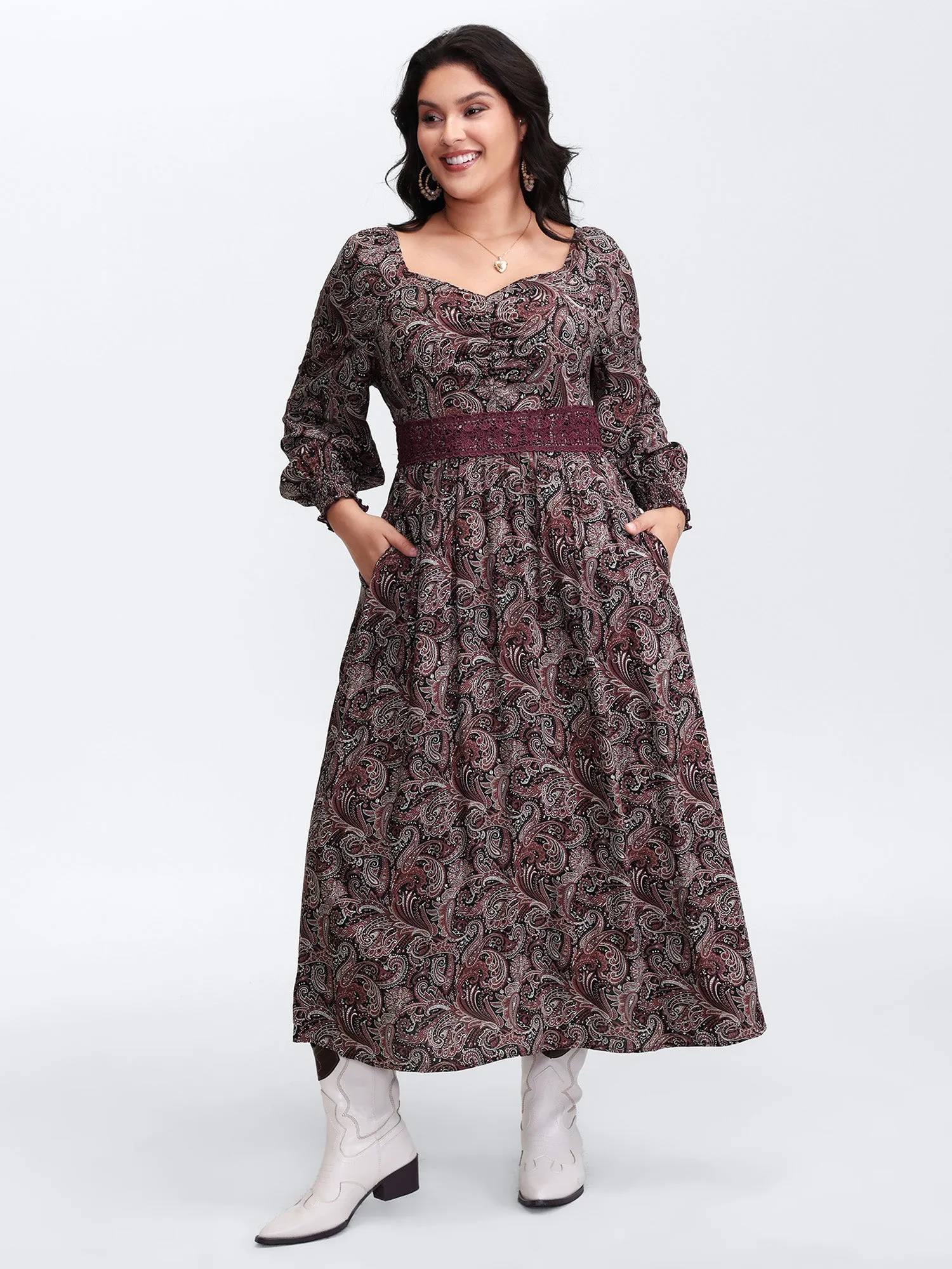 Paisley Print Lace Patchwork Midi Dress sold by Bloomchic