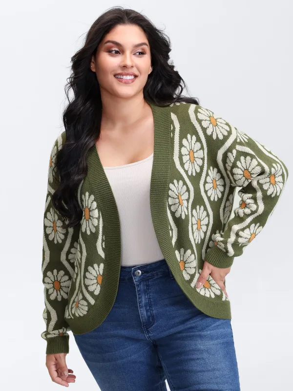 Floral Pattern Jacquard Arc Hem Knit Cardigan sold by Bloomchic