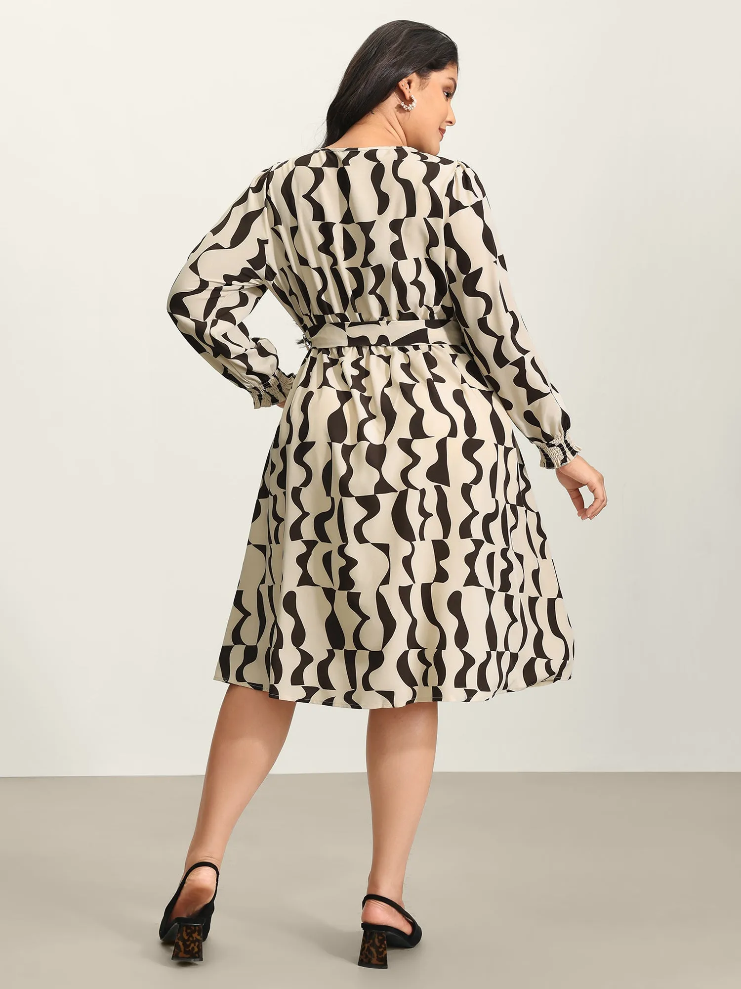 Geometric Print Pleated Neckline Belt Midi Dress sold by Bloomchic product image thumbnail 4
