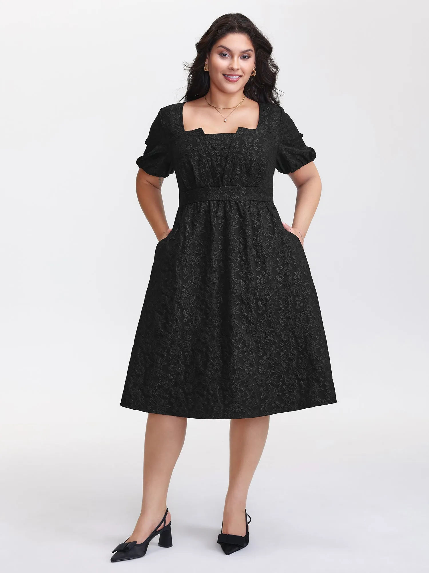 Solid Jacquard Puff Sleeve Midi Dress sold by Bloomchic product image thumbnail 3