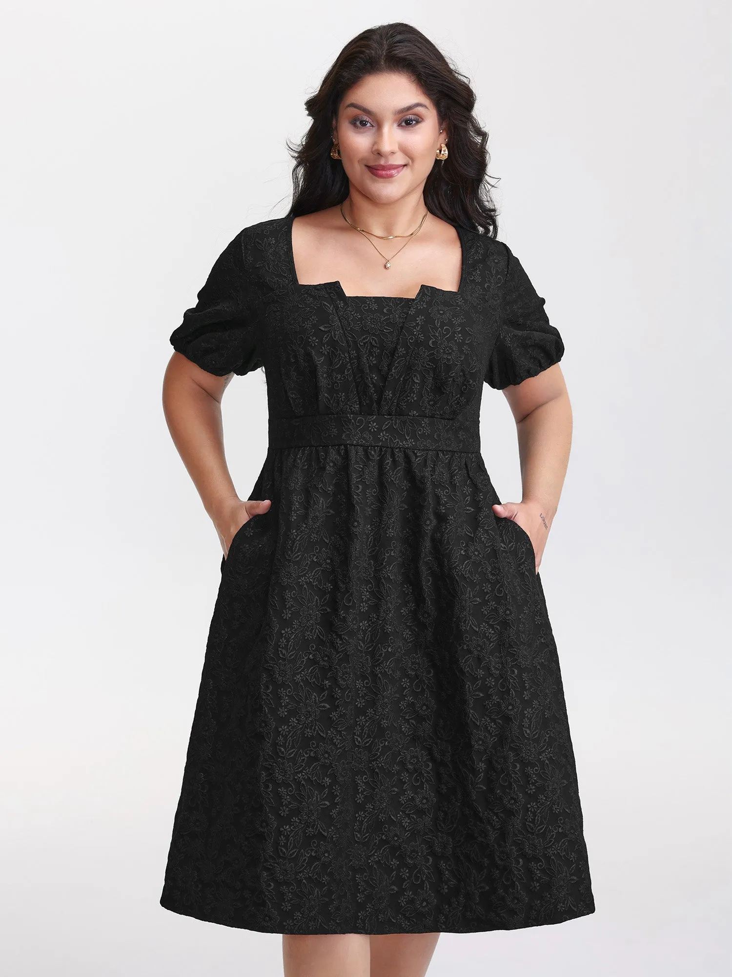 Solid Jacquard Puff Sleeve Midi Dress sold by Bloomchic