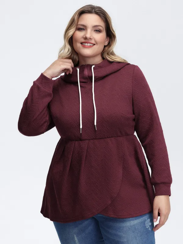 Textured Drawstring Overlap Hem Hooded Sweatshirt sold by Bloomchic