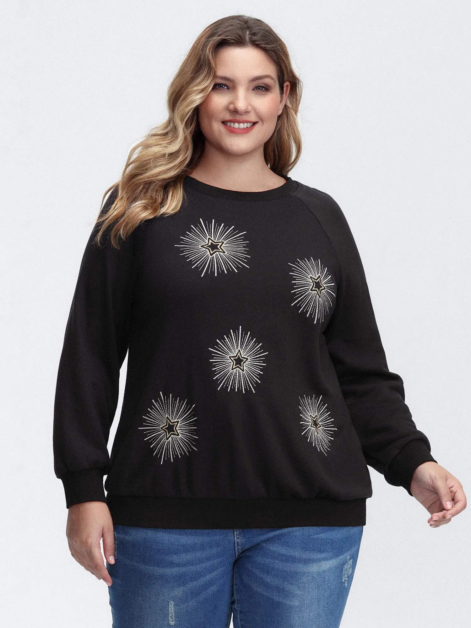 Star Embroidery Round Neck Sweatshirt sold by Bloomchic