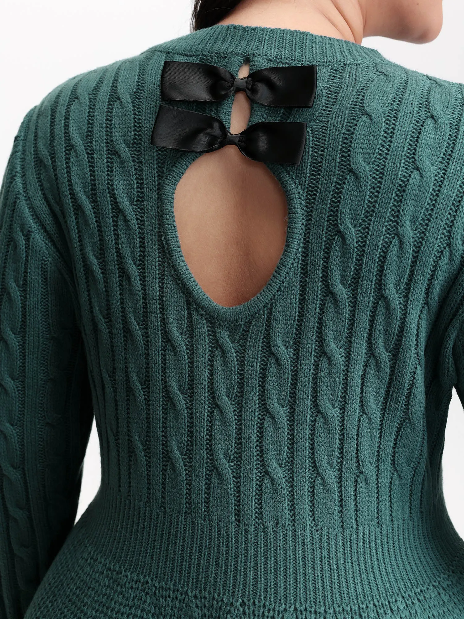 Back Cut Out Bows Cable Knit Sweater Dress sold by Bloomchic