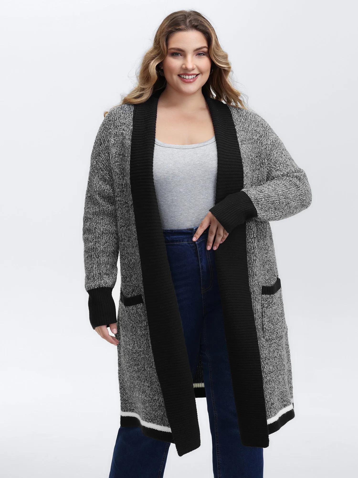 Color Contrast Trim Textured Pocket Knit Cardigan sold by Bloomchic