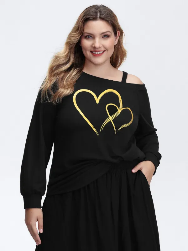 Heart Print Off-Shoulder Sweatshirt sold by Bloomchic