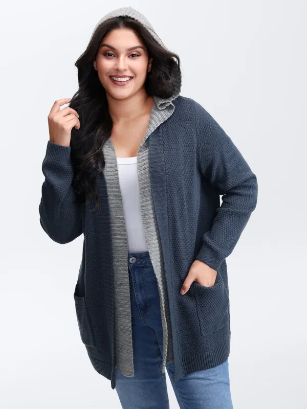 Textured Color Contrast Hooded Pocket Knit Cardigan sold by Bloomchic