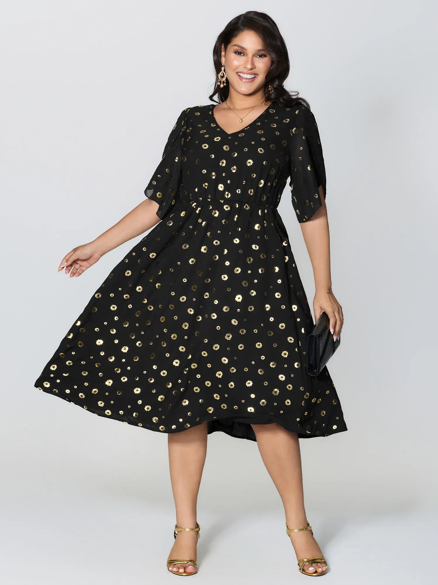 Gold Stamped Bud Sleeve Midi Dress sold by Bloomchic product image thumbnail 3