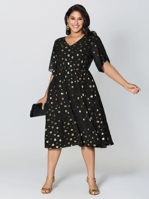Gold Stamped Bud Sleeve Midi Dress sold by Bloomchic