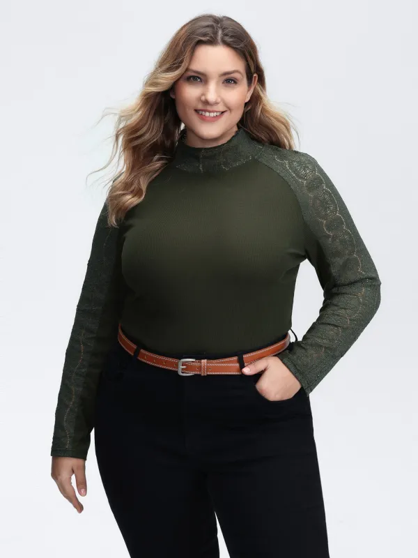 Mock Neck Lace Splicing Ribbed Texture T-Shirt sold by Bloomchic