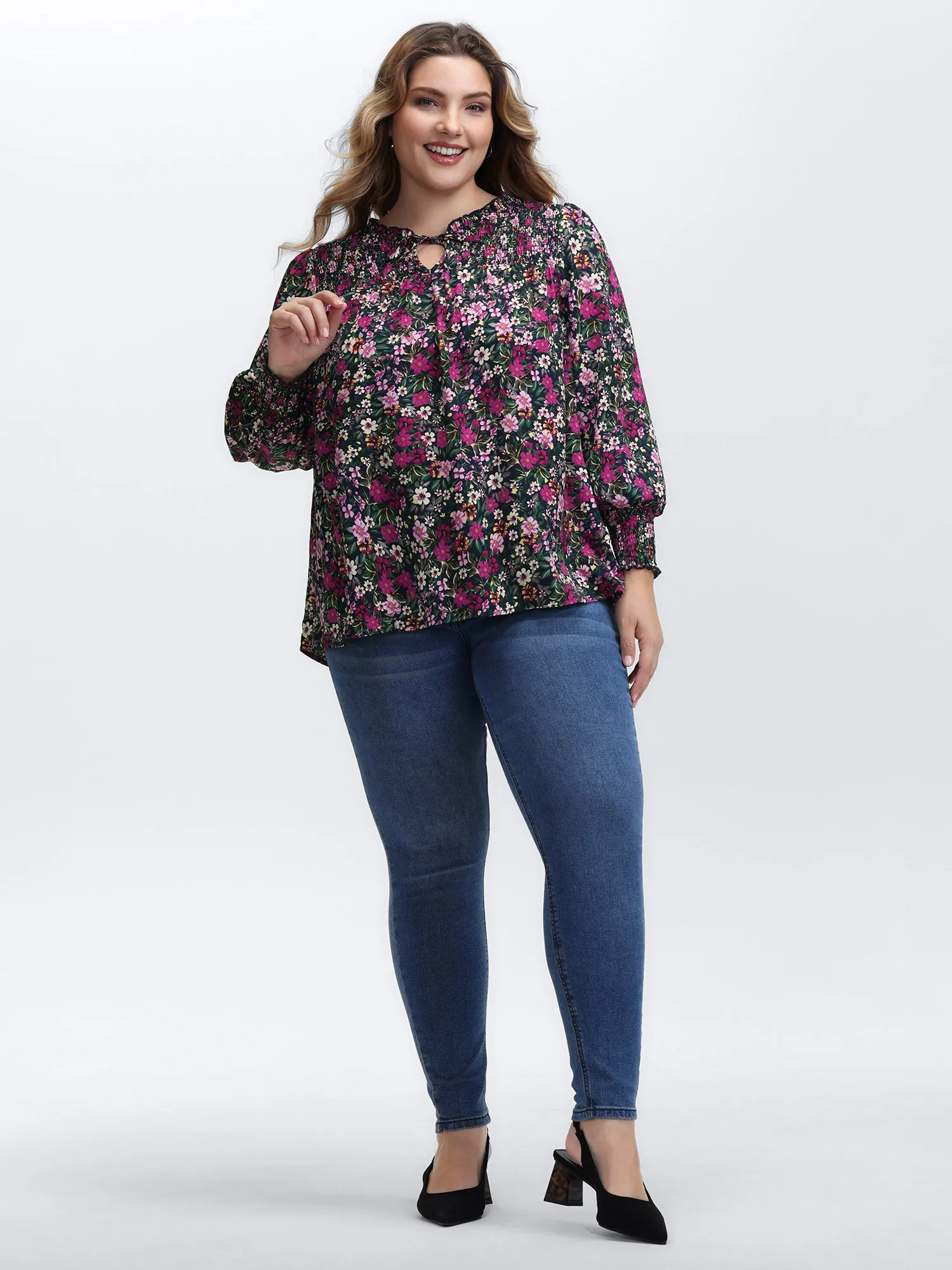 Ditsy Floral Shirred Neck Tie Blouse sold by Bloomchic product image thumbnail 3